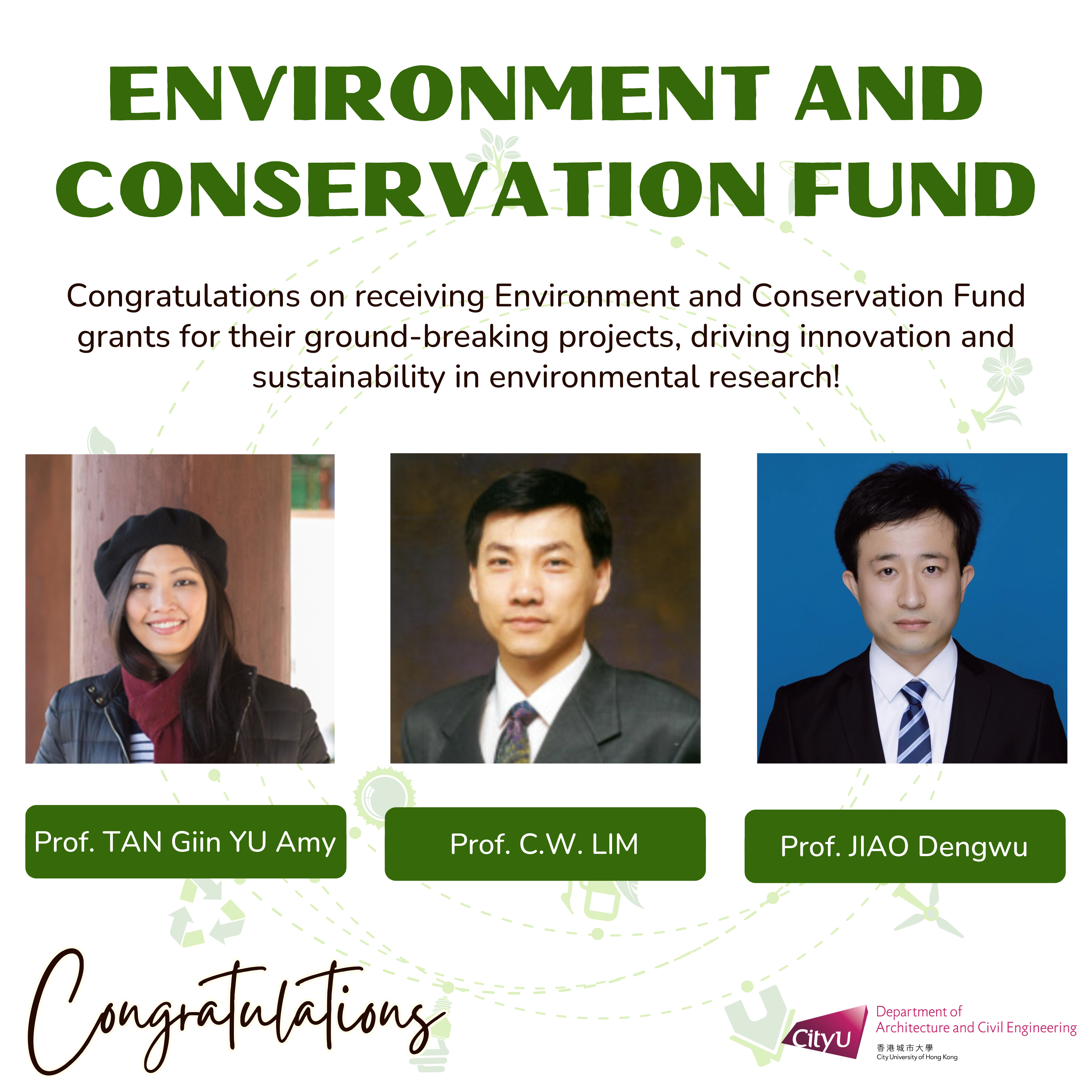 Congratulations to our esteemed professors on being granted the Environment and Conservation Fund for their ground-breaking projects! ??  ?? Prof.  TAN Giin Yu Amy Project Title: Development of a Micro-aerated Anaerobic Digestion (MAAD) Process to Enhance Biogas Production and Sulfide Suppression [新型微曝氣厭氧消化 (MAAD) 技術(shù)增強(qiáng)含鹽污泥的沼氣產(chǎn)量並抑制硫化物排放] Funding Amount: HK$700,000  ?? Prof. C.W. LIM  Project Title: Development of Sustainable Green Structural Concrete via Effective Utilization of Waste Glass and Basalt Fiber 