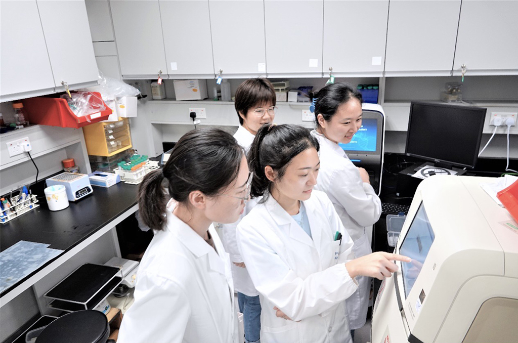 Dr Yujie Pu engages in research discussion with her peers in the lab.