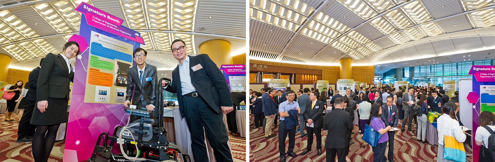 Students showcased their projects to employers before the luncheon. In the photo on the left, students and Professor Henry Chung Shu-hung (right) from Department of Electronic Engineering introduced a device that monitors wheelchair batteries.