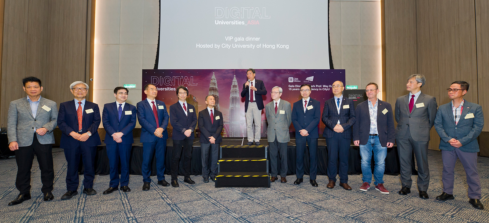 President Kuo with his management team (current and former vice presidents) and current college or school deans: (from left to right) Professor Kim Meow Liew (Dean of Graduate Studies), Professor Kim Jeong Bon (Acting Dean of College of Business), Professor Chen Guohua (Dean of School of Energy and Environment), Professor Michael Yang Mengsu (Vice-President (Research and Technology) ), Professor Matthew Lee Kwok-on (Vice-President (Development and External Relations)), Professor Richard Yuen Kwok-kit (Chief of Staff), President Way Kuo, Professor Horace Ip Ho-shing (Former Vice-President (Student Affairs)), Mr Sunny Lee Wai-kwong (Vice-President (Administration)), Professor Raymond Chan Hon-fu (Acting Vice-President (Student Affairs)), Professor Richard M Walker (Dean of College of Liberal Arts and Social Sciences), Professor Shek Chan-hung (Acting Dean of College of Engineering), and Professor Henry Chung Shu-hung (Dean of Students)