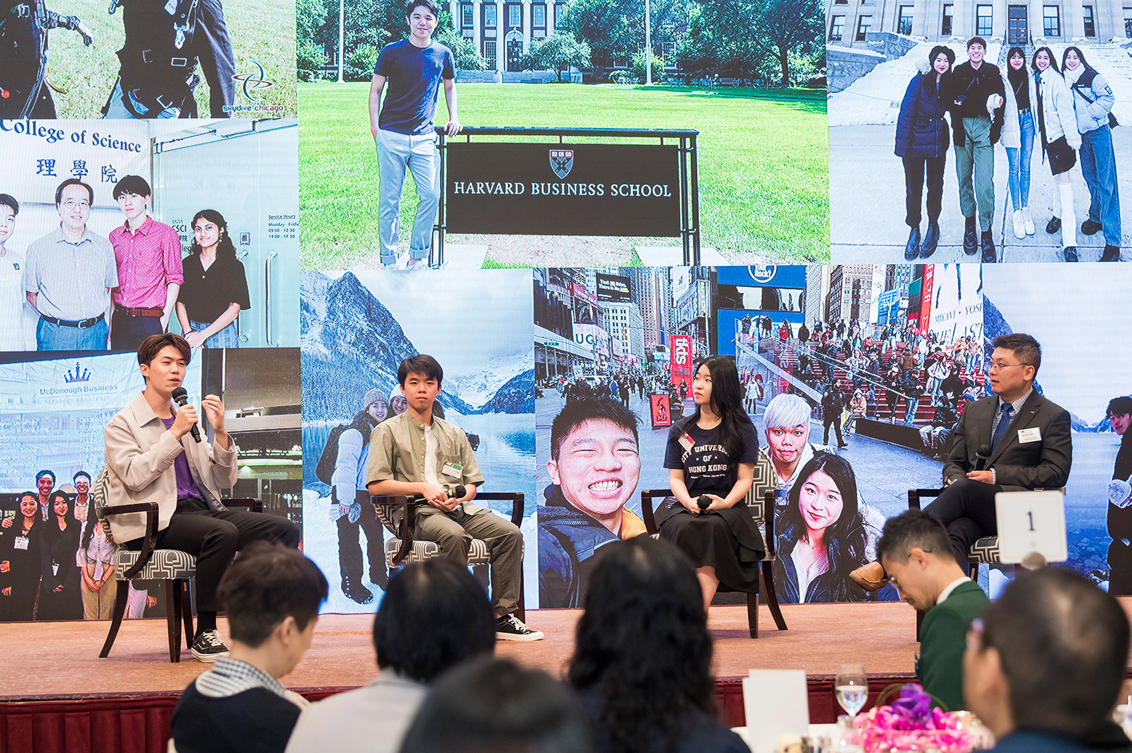 Professor Ray Cheung Chak-chung (first right) facilitates a sharing session by three CityU students; Kelvin Wong Chi-kuen (first left) shares how the diverse overseas exchange opportunities broaden his horizons.