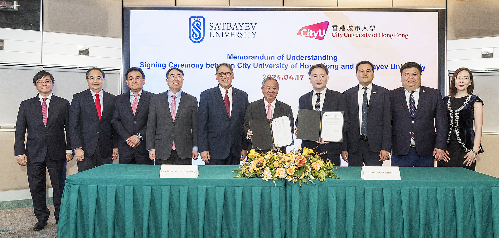 (From left) Professor Lu, Professor Yue, Professor Li Wenjung, Professor Lee Chun-sing, Mr Huang, President Boey, Rector Begentayev, Mr Seitakynov, Vice-Rector Yermekbayev and Dr Shilibekova.