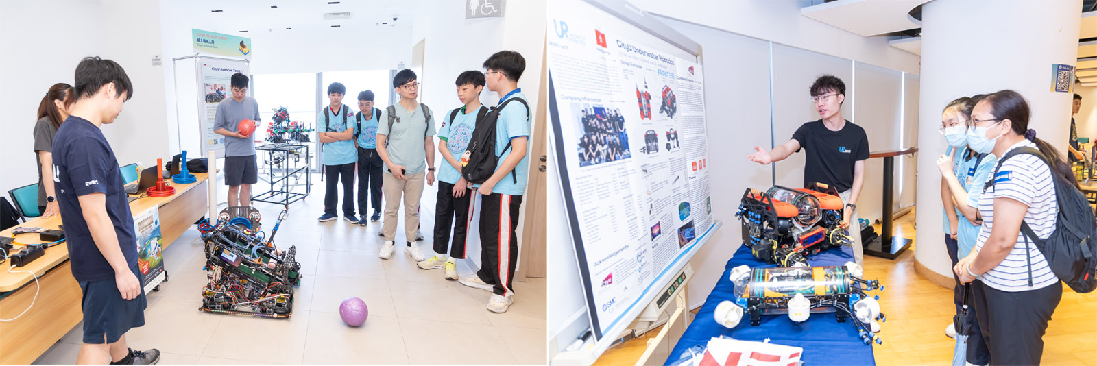 CityUHK’s Robotics Team (left) and Underwater Robotics Team present their self-designed robots.