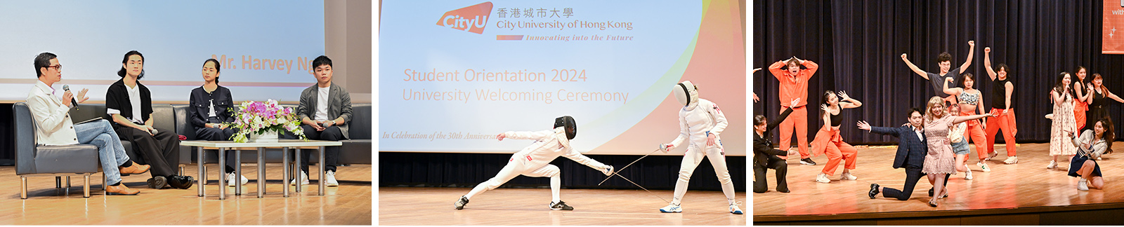 Sharing session by three alumni and senior students (left), a fencing performance (center), and excerpts from the musical Legally Blonde performed by students.
