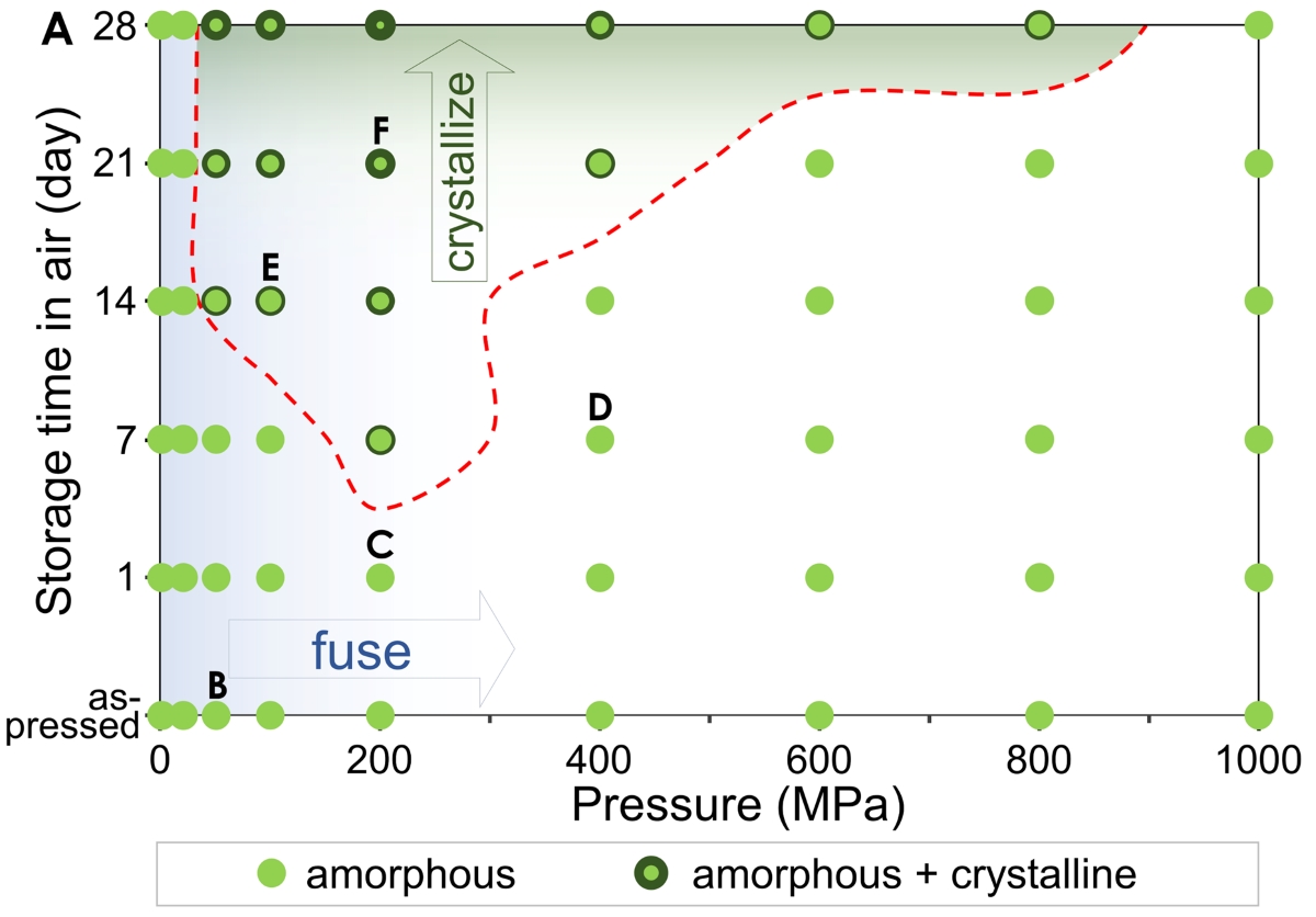 Pressure- and time- dependent crystallization and fusion behaviors of the mineral tablets stored under ambient conditions