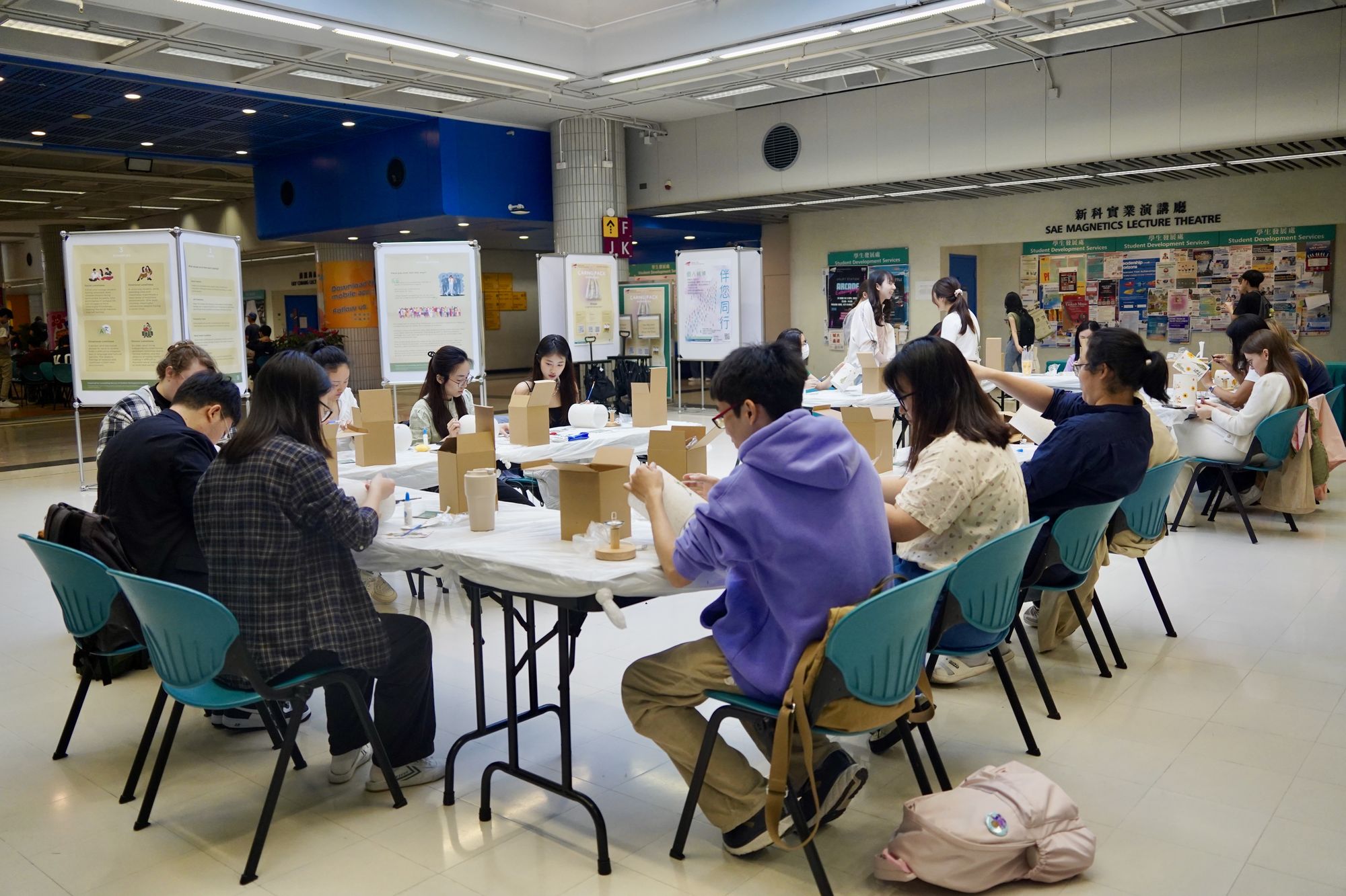 Students were collecting caring packs with relaxing goodies and a tips card.